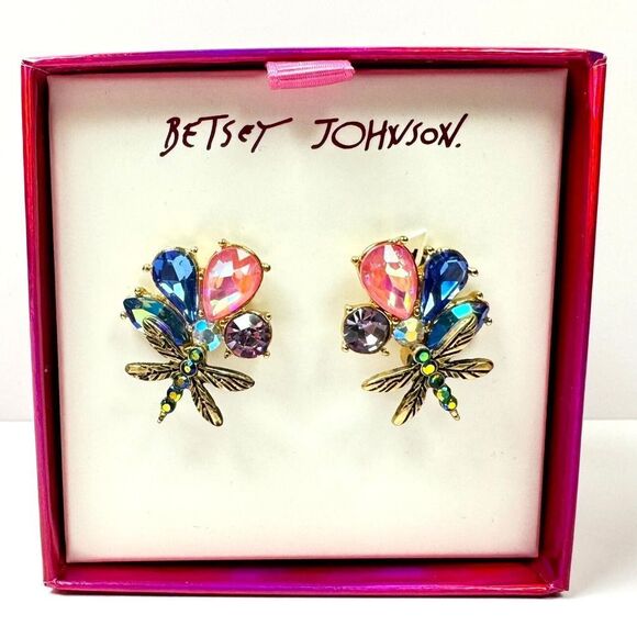 BETSEY JOHNSON Dragonfly Earrings "Buggin Out" Studs Rhinestones w/Gift Box NEW - Picture 2 of 6